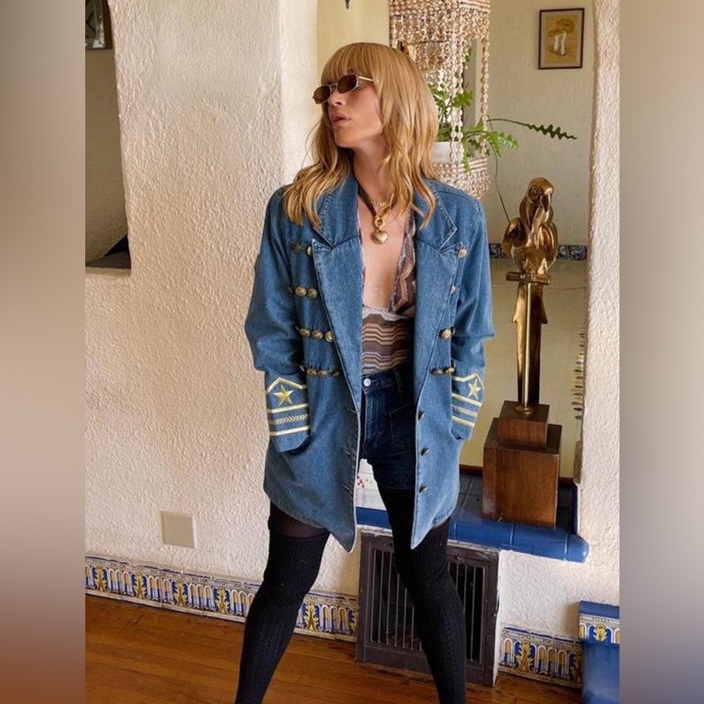 70s Vintage Exterior Denim Military Jacket Gold Button Star Jean Blazer Size 8